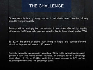 THE CHALLENGE
Citizen security is a growing concern in middle-income countries, closely
linked to rising inequality
Poverty will increasingly be concentrated in countries affected by fragility,
with almost half the world’s poor expected to live in these situations by 2030.
By 2030, the share of global poor living in fragile and conflict-affected
situations is projected to reach 46 percent.
Domestic expenditure on education as a share of total public expenditure increased
globally in low- and middle-income countries, on average, by 0.42 percentage
points (from 16.12% to 16.54%), while the average increase in GPE partner
developing countries was 1.46 percentage points.
 