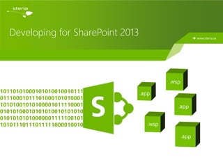 Developing for SharePoint 2013    www.steria.se




10110101000101010010010111
01110001011101000101010001
10101001010100001011110001
01010100010101010010101010
01010101010000001111100101
10101110111011111000010010
 