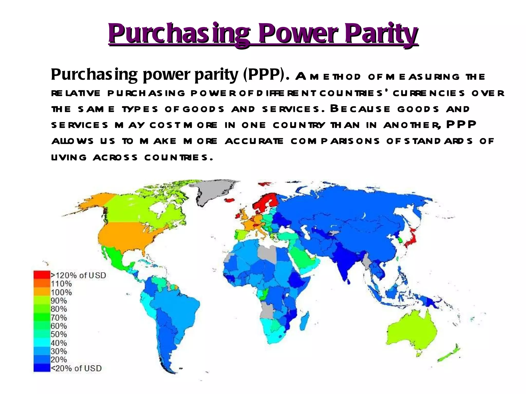 Purchasing Power Parity Purchasing power parity (PPP).  A method of measuring the relative purchasing power of different countries’ currencies over the same types of goods and services. Because goods and services may cost more in one country than in another, PPP allows us to make more accurate comparisons of standards of living across countries.   
