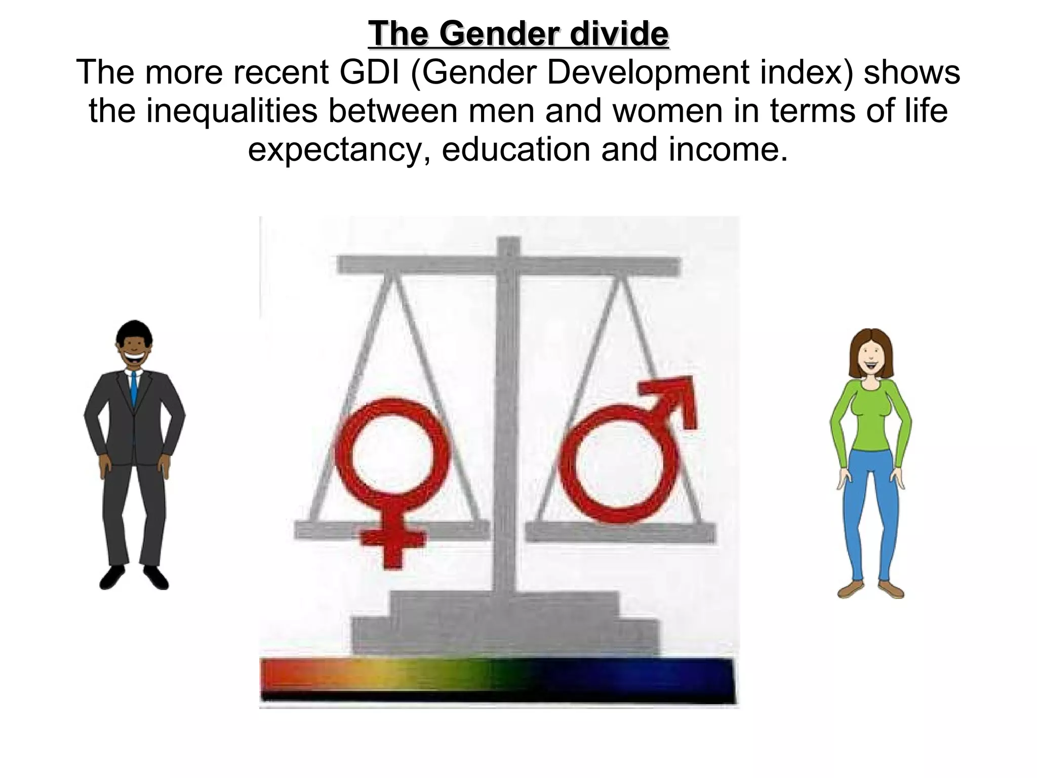 The Gender divide The more recent GDI (Gender Development index) shows the inequalities between men and women in terms of life expectancy, education and income. 