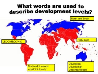 What words are used to  describe development levels? LEDC/MEDC/NIC Rich/ poor Developed/ Developing/ Underdeveloped First ...