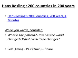 Hans Rosling : 200 countries in 200 years

 • Hans Rosling's 200 Countries, 200 Years, 4
   Minutes

 While you watch, consider:
 • What is the pattern? How has the world
   changed? What caused the changes?

 • Self (1min) – Pair (2min) – Share
 