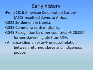 Early historyFrom 1816 American Colonization Society 	(ASC)  resettled slaves to Africa.