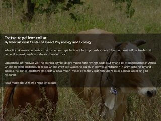 Tsetse repellent collar
By International Center of Insect Physiology and Ecology
What it is: A wearable device that dispenses repellents with compounds sourced from urine of wild animals that
tsetse flies avoid such as zebra and waterbuck

What makes it innovative: The technology holds promise of improving food security and boosting incomes in Africa,
where tsetse is endemic. In areas where livestock wore the collar, there was a reduction in animal mortality and
disease incidence, and herders sold twice as much livestock as they did from unprotected areas, according to
research.
Read more about tsetse repellent collar

 
