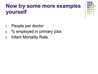 Now try some more examples yourself People per doctor % employed in primary jobs Infant Mortality Rate 