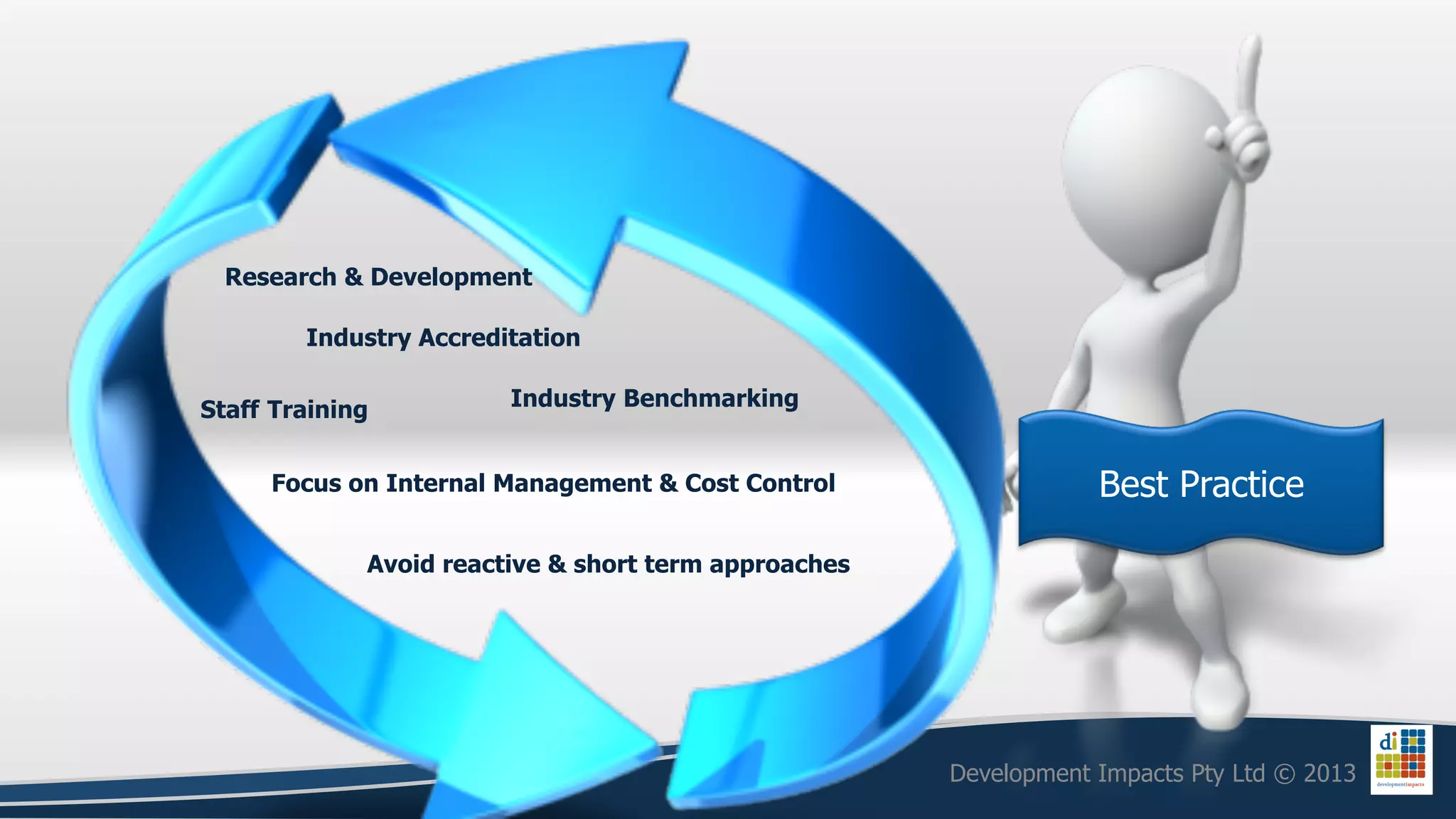 Research & Development

        Industry Accreditation

Staff Training          Industry Benchmarking


     Focus on Internal Management & Cost Control                  Best Practice

             Avoid reactive & short term approaches




                                                      Development Impacts Pty Ltd © 2013
 