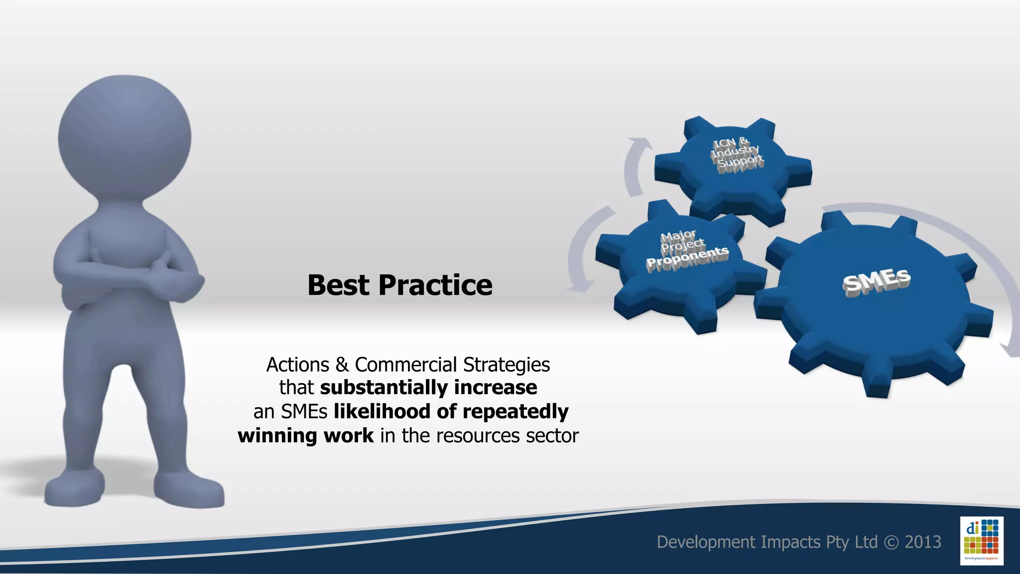 Best Practice

  Actions & Commercial Strategies
    that substantially increase
 an SMEs likelihood of repeatedly
winning work in the resources sector




                                       Development Impacts Pty Ltd © 2013
 