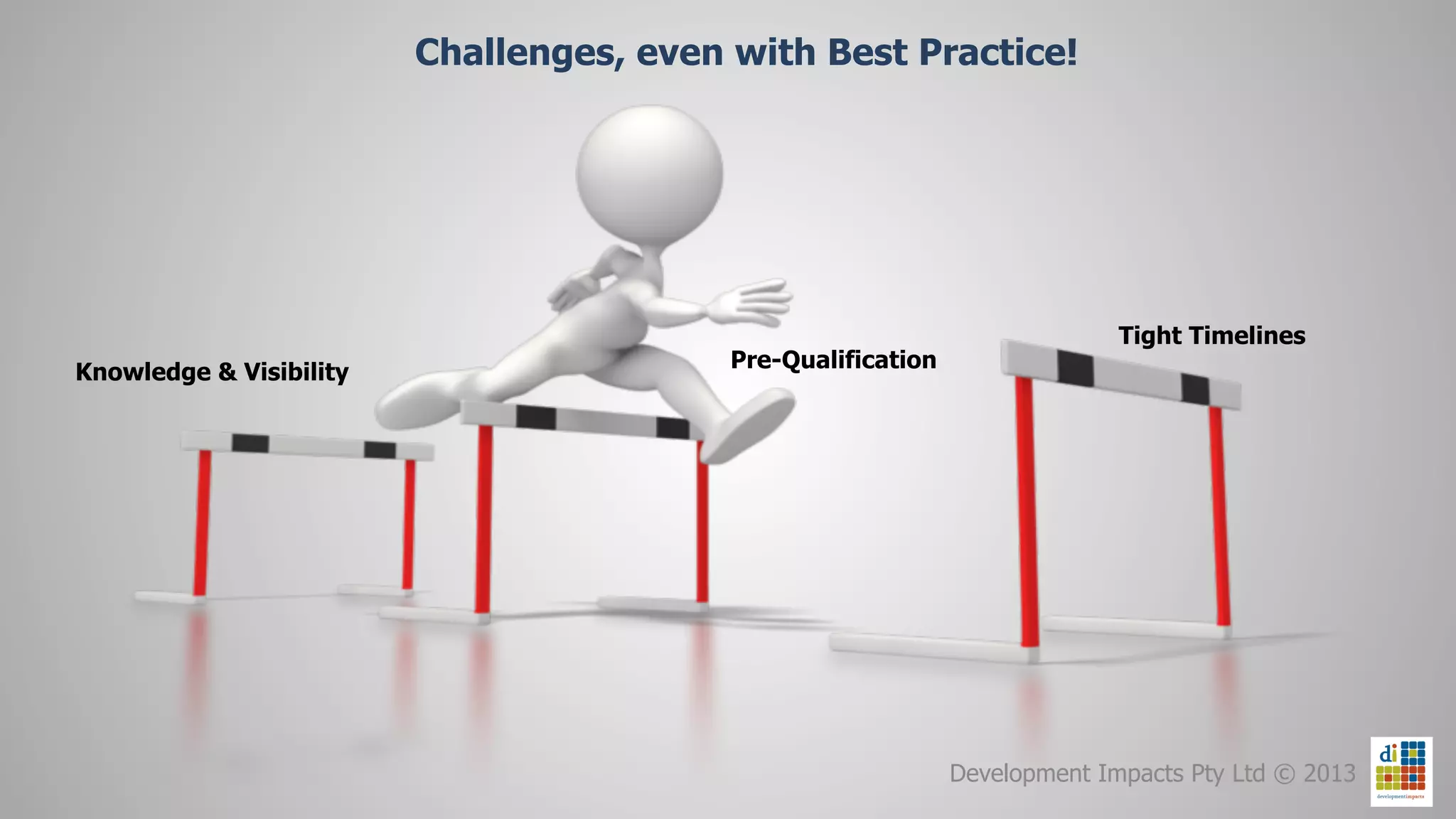 Challenges, even with Best Practice!




                                                                            Tight Timelines
                                          Pre-Qualification
Knowledge & Visibility




                                                              Development Impacts Pty Ltd © 2013
 