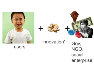 ++
users
‘innovation’ Gov,
NGO,
social
enterprise
 