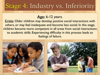 Stage 4: Industry vs. Inferiority
Age: 6-12 years.
Crisis: Older children may develop positive social interactions with
others, or may feel inadequate and become less social. In this stage,
children become more competent in all areas from social interactions
to academic skills. Experiencing difﬁculty in this process leads to
feelings of failure.
 
