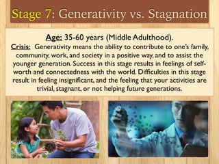 Stage 7: Generativity vs. Stagnation
Age: 35-60 years (Middle Adulthood).
Crisis: Generativity means the ability to contribute to one’s family,
community, work, and society in a positive way, and to assist the
younger generation. Success in this stage results in feelings of self-
worth and connectedness with the world. Difﬁculties in this stage
result in feeling insigniﬁcant, and the feeling that your activities are
trivial, stagnant, or not helping future generations.
 