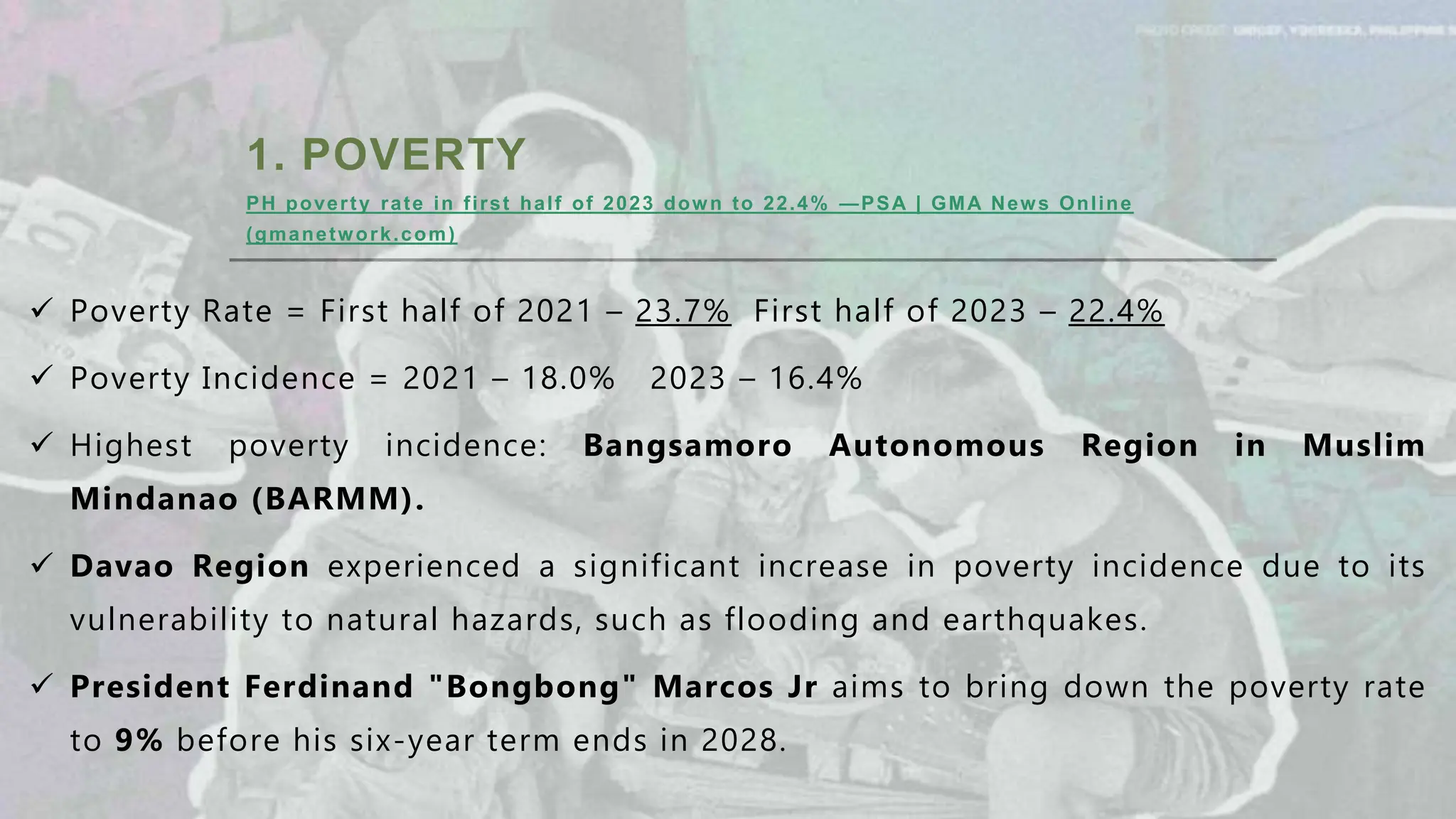1. POVERTY
PH poverty rate in first half of 2023 down to 22.4% —PSA | GMA News Online
(gmanetwork.com)
 Poverty Rate = First half of 2021 – 23.7% First half of 2023 – 22.4%
 Poverty Incidence = 2021 – 18.0% 2023 – 16.4%
 Highest poverty incidence: Bangsamoro Autonomous Region in Muslim
Mindanao (BARMM).
 Davao Region experienced a significant increase in poverty incidence due to its
vulnerability to natural hazards, such as flooding and earthquakes.
 President Ferdinand "Bongbong" Marcos Jr aims to bring down the poverty rate
to 9% before his six-year term ends in 2028.
 