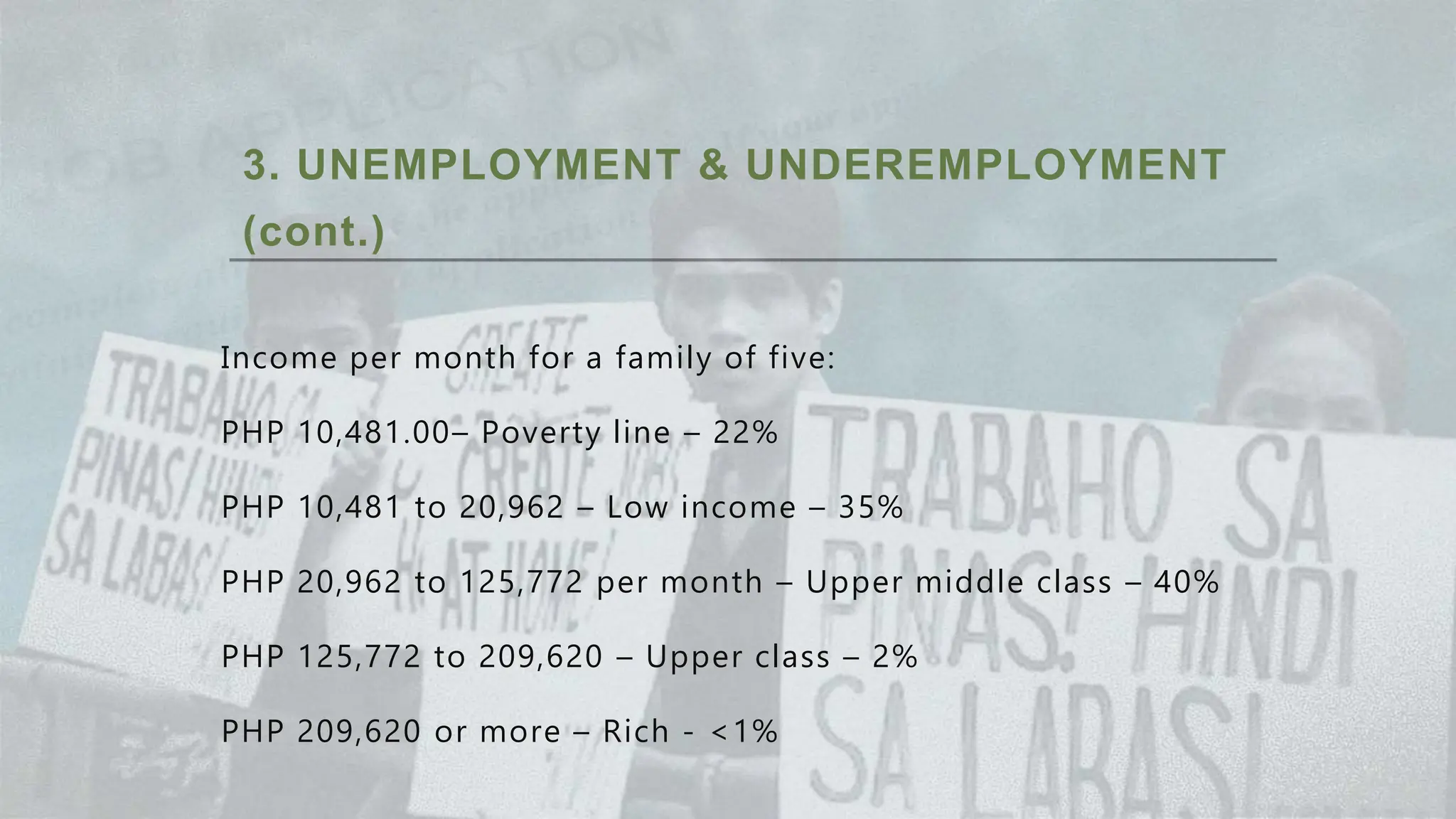 3. UNEMPLOYMENT & UNDEREMPLOYMENT
(cont.)
Income per month for a family of five:
PHP 10,481.00– Poverty line – 22%
PHP 10,481 to 20,962 – Low income – 35%
PHP 20,962 to 125,772 per month – Upper middle class – 40%
PHP 125,772 to 209,620 – Upper class – 2%
PHP 209,620 or more – Rich - <1%
 