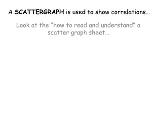 A SCATTERGRAPH is used to show correlations…Look at the “how to read and understand” a scatter graph sheet…