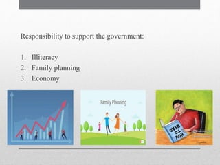 Responsibility to support the government:
1. Illiteracy
2. Family planning
3. Economy
 