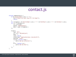 contact.js




© 2010 Adobe Systems Incorporated. All Rights Reserved. Adobe Confidential.
 