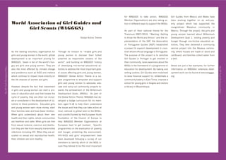 36                                                                                                        37




                                                                                                                                               ,%&' WB...C' $%' $4k+' 43$#%(T' WB...C'                .#&:' ./#"+0' ,&%6' +L#3%' 4("' W4:+0' *4@+'
                                                                                                                                               +6]+&'Y&84(#04$#%(0'4&+'4:0%'$4k#(8'43d               ]++(' N%&k#(8' $%8+$*+&' %(' 4(' 4($#d1%@d
                                       World Association of Girl Guides and                                                                    $#%('#('"#,,+&+($'N4>0'$%'0/11%&$'$*+'D.0T            +&$>' 1&%A+3$' N*#3*' *40' 0/11%&$+"' $*+'

                                              Girl Scouts (WAGGGS)                                                                             B0' 14&$' %, ' $*+#&' (4$#%(4:' $*+6+' ,%&' $*+'
                                                                                                                                                                                                      64&8#(4:#p+"' 4p4*/4' 3%66/(#$>' #('
                                                                                                                                                                                                      +L#3%T';*&%/8*'$*+'1&%A+3$9'$*+'8#&:0'4("'
                                                                                                                                               ;&#+((#/6' HIIc^HIGI9' m'W4($#(89' .+$$#(8'            >%/(8' N%6+(' :+4&(+"' 4]%/$' #::+((#/6'
                                                                                                                    .:%]4:'B3$#%(';*+6+        $%'?(%N'$*+'W%&:"'4("'B3$#%('n'4("'$*+'#6d             D+@+:%16+($' .%4:' G'O' +("#(8' 1%@+&$>' 4("'
                                                                                                                                               1:+6+($4$#%(' %, ' $*+' .B;9' $*+' B00%3#4$#%('        */(8+&' $*&%/8*' (%(d,%&64:' +"/34$#%(' 43d
                                                                                                                                               %, ' 2%&$/8/+0+' ./#"+0' UB.2V' +0$4]:#0*+"'           $#@#$#+0T' ;*+>' $*+(' "+:#@+&+"' 4' 3%66/(#$>'
                                                                                                                                               4'1&%A+3$'$%'0/11%&$'"+@+:%16+($'#('3%/(d              0+&@#3+' 1&%A+3$' #($%' $*+' 4p4/4' 3%66/d
                                       B0' $*+' :+4"#(8' @%:/($4&>' %&84(#04$#%(' ,%&'      ;*&%/8*' #$0' 6#00#%(' $%' m'+(4]:+' 8#&:0' 4("'   $&#+0'N*%0+'%,,#3#4:':4(8/48+'#0'2%&$/8/+0+T'          (#$>9'N*+&+'*%/0+0'4&+'64"+'%, 'N%%"'4("'
                                       8#&:0'4("'>%/(8'N%6+('#('$*+'N%&:"9'8:%]4:'          >%/(8' N%6+(' $%' "#03%@+&' $*+#&' ,/::+0$'        ;*+' 1/&1%0+' %, ' $*+' 1&%A+3$' #0' $%' 0+(0#$#0+'    34&"]%4&"9'4("',46#:#+0'3%::+3$'N4$+&',&%6'
                                       "+@+:%16+($' #0' 4(' #61%&$4($' 1&#%&#$>' ,%&'       1%$+($#4:' 40' &+01%(0#]:+' 3#$#p+(0' %, ' $*+'    .#&:' ./#"+0' #(' 2%&$/84:' $%' 8+$' #(@%:@+"' #('     4'N+::T'
                                       WB...CT''C+@+('#('$+('%, '$*+'N%&:"g0'*/(d           N%&:"'n9'4("']/#:"#(8'%('WB...Cg'*#0$%&>'          $*+#&'3%66/(#$>9'&4#0+'4N4&+(+00'4]%/$'$*+'
                                       8&>' 4&+' 8#&:0' 4("' >%/(8' N%6+(T' ;*+>' 4&+'      %, ' "+@+:%1#(8' (%(d,%&64:' +"/34$#%(4:' 43d      D.0'#('$*+',&46+N%&k'%, '4'1&%8&466+'%, '             B]%@+'4&+'A/0$'4',+N'+L461:+09',%&',/&$*+&'
Part III- Youth (Development) Policy




                                                                                                                                                                                                                                                        Part III- Youth (Development) Policy
                                       4:0%' $*+' 6%0$' 4,,+3$+"' ]>' 3:#64$+' 3*4(8+'      $#@#$#+0'$%'4""&+00'$*+'6%0$'#61%&$4($'8:%]d       +"/34$#%(',%&'"+@+:%16+($T'K>']4k#(8'4("'              #(,%&64$#%(' %(' WB...0g' +L$+(0#@+' "+@+:d
                                       4("'14("+6#30'0/3*'40'BJDC'4("'64:4'              4:'#00/+0'4,,+3$#(8'8#&:0'4("'>%/(8'N%6+(9'        0+::#(8'3%%k#+09'.#&:'./#"+0'N+&+'6%]#:#0+"'           %16+($'N%&k'34(']+',%/("'4$'NNNTN48880T
                                       N*#3*'3%($#(/+'$%'#6143$'6%&+'"#&+3$:>'%('           WB...Cg' .:%]4:' B3$#%(' ;*+6+' #0' 4' 0#Ld        $%'&4#0+',#(4(3#4:'0/11%&$'$%'O'&+*4]#:#$4$+'4'        %&8'
                                       $*+':#,+'3*4(3+0'%, 'N%6+('4("'8#&:0T''              >+4&'1&%8&466+'$%'+61%N+&'4("'0/11%&$'             3%66/(#$>']4k+&>'#('!40$';#6%&9'#61&%@+'4'
                                                                                            8#&:0' 4("' >%/(8' N%6+(' $%' 4"@%34$+9' +"/d      03*%%:',%&'>%/(8'8#&:0'#('B(8%:4'4("'&+0$%&+'
                                       7%N+@+&9' "+01#$+' $*+' ,43$' $*4$' #(@+0$6+($'      34$+'4("'34&&>'%/$'3%66/(#$>'1&%A+3$0'$%d          4':#]&4&>'#('%p46]#M/+T
                                       #('8#&:0'4("'>%/(8'N%6+('34('0$4&$'4'1&%d            N4&"0' $*+' 43*#+@+6+($' %, ' $*+' #::+((#/6'
                                       3+00'%, '+"/34$#%('4("'34&+'$*4$']&+4k0'$*+'         D+@+:%16+($' .%4:0T' UD.0VT' ' B0' 14&$' %, '
                                       3>3:+'%, '1%@+&$>9'$*+>'4&+'%,$+('(%$'#(3:/"d        $*+'.:%]4:'B3$#%(';*+6+9'WB...C'*40'"+d
                                       +"'%&'3%(0#"+&+"'#('$*+'"+@+:%16+($'%, '0%d          @+:%1+"' 4' ]4"8+' 3/&/:/6' ,%&' #$0' 6+6d
                                       :/$#%(0'$%'$*+0+'1&%]:+60T''!"/34$+"'8#&:0'          ]+&0' 48+"' `dGS' $%' *+:1' $*+6' /("+&0$4("'
                                       4("'>%/(8'N%6+('+4&('6%&+'6%(+>9'0$4&$'              $*+'#00/+0'4("'*%N'$*+>'34('$4k+'43$#%('4$'
                                       $*+#&',46#:#+0':4$+&'4("'*4@+',+N+&'3*#:"&+(T'       :%34:9'(4$#%(4:'%&'8:%]4:':+@+:'%('$*+'D.0'f'
                                       W*+(' 8#&:0' /("+&0$4("' 4]%/$' $*+#&' %N('          4("'4'$%%:k#$',/("+"']>'$*+'!/&%1+4('F%/$*'
                                       *+4:$*'4("'$*+#&'*$09'N*%:+'3%66/(#$#+0'          =%/("4$#%(' %, ' $*+' )%/(3#:' %, ' !/&%1+' $%'
                                       4&+'*+4:$*#+&'4("'04,+&T'W*+('8#&:0'4&+',&++'        *+:1' WB...C' +6]+&' Y&84(#04$#%(0' 4$'
                                       ,&%6'0+L/4:'@#%:+(3+9'3%+&3#%('4("'"+0$#$/d          !/&%1+4(' :+@+:' $%' 8+$' #(@%:@+"T' ' C1+3#,#3'
                                       $#%('$*+>'4&+',&++',&%6'0+L/4::>'$&4(06#$$+"'        1&%8&466+0'%('$*+'+&4"#34$#%('%, '1%@+&$>'
                                       #(,+3$#%(0'#(3:/"#(8'7J<T''W*+('$*+>'4&+'+"d         4("' */(8+&9' 1&%$+3$#(8' $*+' +(@#&%(6+($9'
                                       /34$+"'%('0+L/4:'4("'&+1&%"/3$#@+'*+4:$*9'           7J<^BJDC' 4("' 8#&:0g' +61%N+&6+($' *4@+'
                                       $*+#&'3*#:"&+('4&+']%&('*+4:$*>T''                   ]++(' "+@+:%1+"' ,%::%N#(8' 4' 0/&@+>' %, ' %/&'
                                                                                            6+6]+&0'$%'#"+($#,>'N*#3*'%, '$*+'D.'#0d
                                                                                            0/+0'$*+>']+:#+@+'$%']+'$*+'6%0$'#61%&$4($'
 