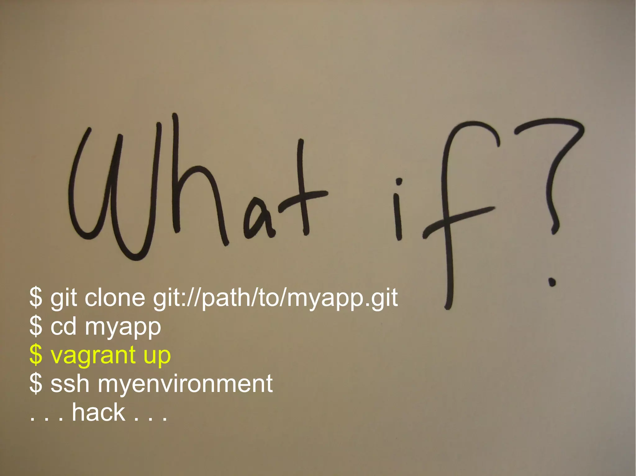 $ git clone git://path/to/myapp.git 
$ cd myapp 
$ vagrant up 
$ ssh myenvironment 
. . . hack . . . 
 