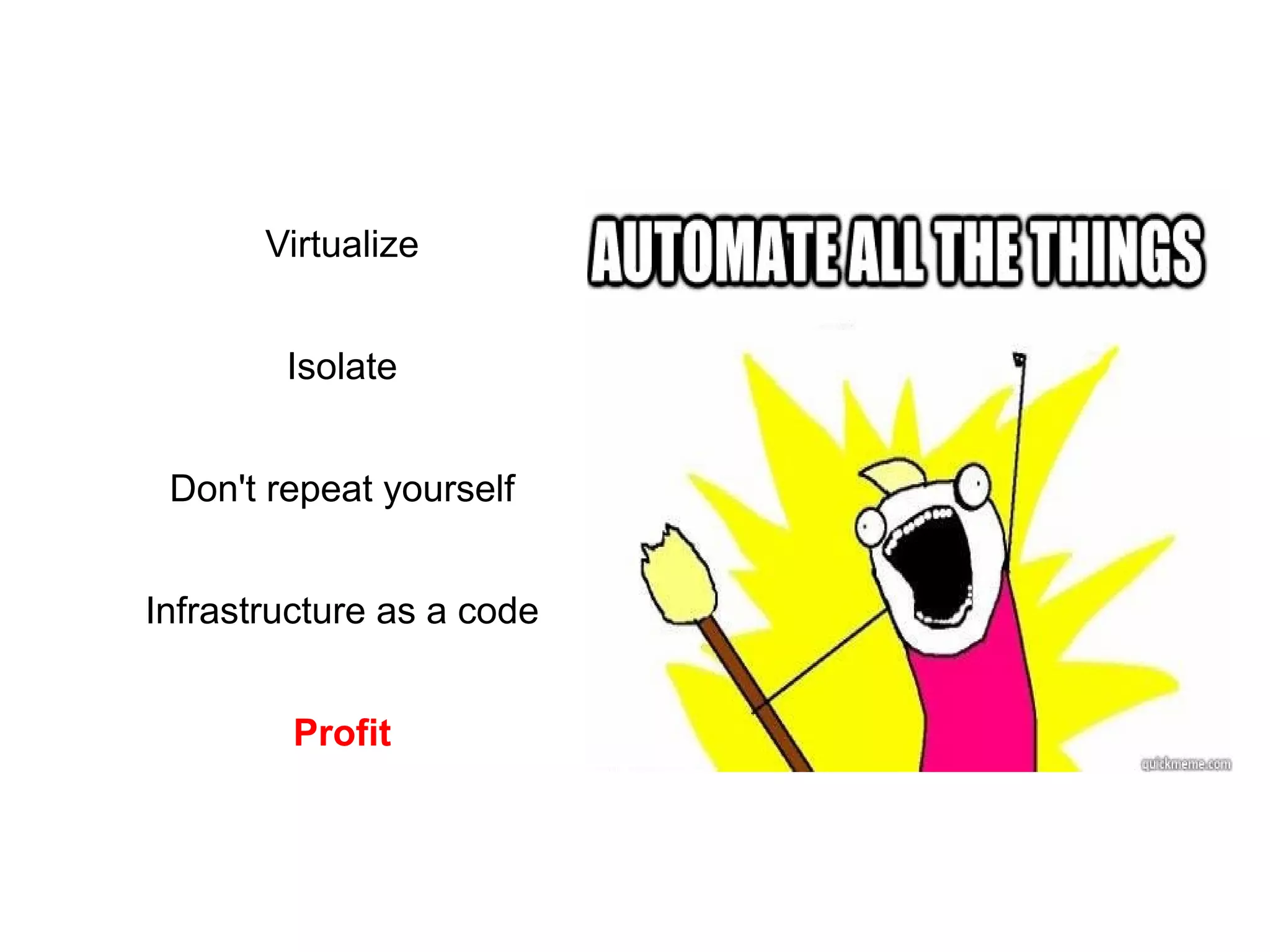 Virtualize 
Isolate 
Don't repeat yourself 
Infrastructure as a code 
Profit 
 