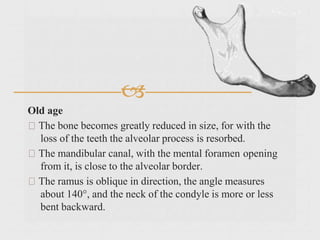 
Old age
The bone becomes greatly reduced in size, for with the
loss of the teeth the alveolar process is resorbed.
The mandibular canal, with the mental foramen opening
from it, is close to the alveolar border.
The ramus is oblique in direction, the angle measures
about 140°, and the neck of the condyle is more or less
bent backward.
 