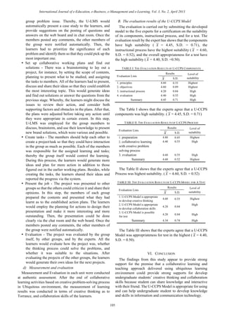 group problem issue. Thereby, the U-LMS would
automatically present a case study to the learners, and
provide suggestions on the posting of questions and
answers on the web board and in chat room. Once the
members posted any comments, the other members of
the group were notified automatically. Then, the
learners had to prioritize the significance of each
problem and identify them so that they could pick up the
most important one.
 Set up collaborative working plans and find out
solutions - There was a brainstorming to lay out a
project, for instance, by setting the scope of contents,
planning to present what to be studied, and assigning
the tasks to members. All of the learners had to present,
discuss and share their ideas so that they could establish
the most interesting topic. This would generate ideas
and find out solutions or answer the questions from the
previous stage. Whereby, the learners might discuss the
issues to review their action, and consider both
supporting factors and obstacles in the plans. After that,
the plans were adjusted before taking any action until
they were appropriate in certain extent. In this step,
U-LMS was employed for the group members to
discuss, brainstorm, and use their knowledge to present
new brand solutions, which were various and possible.
 Create tasks - The members should help each other to
create a project/task so that they could have interaction
in the group as much as possible. Each of the members
was responsible for the assigned learning and tasks;
thereby the group itself would control the learning.
During this process, the learners would generate more
ideas and plan for more action in addition to those
figured out in the earlier working plans. Besides, while
creating the tasks, the learners shared their ideas and
reported the progress via the system.
 Present the job - The project was presented to other
groups so that the others could criticize it and share their
opinions. In this step, the members of each group
prepared the contents and presented what they had
learnt as to the established action plans. The learners
would employ the planning for actions to design their
presentation and make it more interesting and more
outstanding. Then, the presentation could be done
clearly via the chat room and the web board. Once the
members posted any comments, the other members of
the group were notified automatically.
 Evaluation - The project was evaluated by the group
itself, by other groups, and by the experts. All the
learners would evaluate how the project was, whether
the thinking process could solve the problems, and
whether it was suitable to the situations. After
evaluating the projects of the other groups, the learners
would generate their own ideas for the next projects.
d) Measurement and evaluation
Measurement and Evaluation in each unit were conducted
at authentic assessment. After the end of collaborative
learning activities based on creative problem-solving process
in Ubiquitous environment, the measurement of learning
results was conducted in terms of creative thinking as to
Torrance, and collaboration skills of the learners.
B. The evaluation results of the U-CCPS Model
The evaluation is carried out by submitting the developed
model to the five experts for a certification on the suitability
of its components, instructional process, and for a test. The
evaluation result by the expert has shows that the components
have high suitability ( x = 4.45, S.D. = 0.71), the
instructional process have the highest suitability ( x = 4.60,
S.D. = 0.52), and the overall appropriateness for a test have
the high suitability ( x = 4.40, S.D. =0.50).
TABLE I: THE EVALUATION RESULTS OF U-CCPS COMPONENTS
Evaluation Lists
Results Level of
suitabilityx S.D.
1. principles 4.60 0.55 Highest
2. objectives 4.60 0.89 Highest
3. instructional process 4.20 0.84 High
4. evaluation 4.40 0.55 High
Summary 4.45 0.71 High
The Table I shows that the experts agree that a U-CCPS
components was high suitability. ( x = 4.45, S.D. = 0.71)
TABLE II: THE EVALUATION RESULTS OF U-CCPS PROCESS
Evaluation Lists
Results Level of
suitabilityx S.D.
1. preparation 4.80 0.45 Highest
2. collaborative learning
with creative problem
solving process
4.40 0.55 High
3. evaluation 4.60 0.55 High
Summary 4.60 0.52 Highest
The Table II shows that the experts agree that a U-CCPS
Process was highest suitability. ( x = 4.60, S.D. = 0.52)
TABLE III: THE EVALUATION RESULTS OF U-CCPS MODEL FOR A TEST
Evaluation Lists
Results Level of
suitabilityx S.D.
1. U-CCPS Model is appropriate
to develop creative thinking
4.60 0.55 Highest
2. U-CCPS Model is appropriate
to develop collaboration skills
4.20 0.84
High
3. U-CCPS Model is possible
for test
4.20 0.84 High
Summary 4.34 0.74 High
The Table III shows that the experts agree that a U-CCPS
Model was appropriateness for test in the highest ( x = 4.40,
S.D. = 0.50).
VI. CONCLUSION
The findings from this study appear to provide strong
support for the premise that a collaborative learning and
teaching approach delivered using ubiquitous learning
environment could provide strong supports for develop
undergraduate students’ creative thinking and collaboration
skills because student can share knowledge and interactive
with their friend. The U-CCPS Model is appropriate for using
and can help undergraduate student to develop knowledge
and skills in information and communication technology.
International Journal of e-Education, e-Business, e-Management and e-Learning, Vol. 3, No. 2, April 2013
105
 