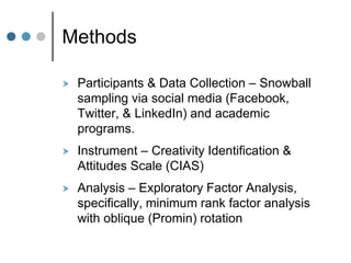 Methods
 Participants & Data Collection – Snowball
sampling via social media (Facebook,
Twitter, & LinkedIn) and academic
programs.
 Instrument – Creativity Identification &
Attitudes Scale (CIAS)
 Analysis – Exploratory Factor Analysis,
specifically, minimum rank factor analysis
with oblique (Promin) rotation
 