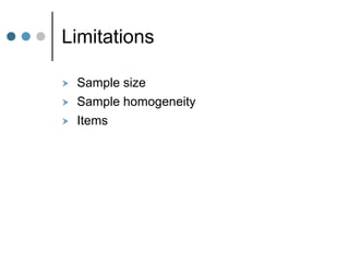 Limitations
 Sample size
 Sample homogeneity
 Items
 