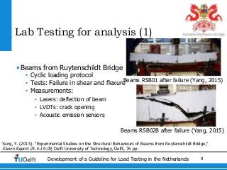 9Development of a Guideline for Load Testing in the Netherlands
Lab Testing for analysis (1)
• Beams from Ruytenschildt Bridge
• Cyclic loading protocol
• Tests: Failure in shear and flexure
• Measurements:
• Lasers: deflection of beam
• LVDTs: crack opening
• Acoustic emission sensors
Beams RSB01 after failure (Yang, 2015)
Yang, Y. (2015). "Experimental Studies on the Structural Behaviours of Beams from Ruytenschildt Bridge,"
Stevin Report 25.5-15-09, Delft University of Technology, Delft, 76 pp.
Beams RSB02B after failure (Yang, 2015)
 