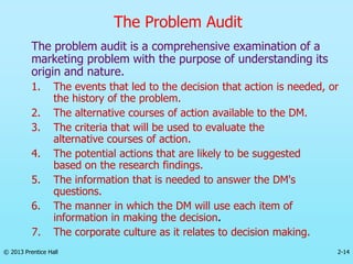 2-14
© 2013 Prentice Hall
The Problem Audit
The problem audit is a comprehensive examination of a
marketing problem with the purpose of understanding its
origin and nature.
1. The events that led to the decision that action is needed, or
the history of the problem.
2. The alternative courses of action available to the DM.
3. The criteria that will be used to evaluate the
alternative courses of action.
4. The potential actions that are likely to be suggested
based on the research findings.
5. The information that is needed to answer the DM's
questions.
6. The manner in which the DM will use each item of
information in making the decision.
7. The corporate culture as it relates to decision making.
 