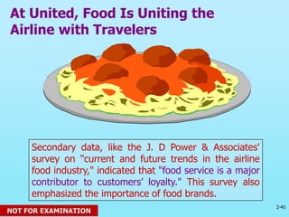2-41
© 2013 Prentice Hall
Secondary data, like the J. D Power & Associates'
survey on "current and future trends in the airline
food industry," indicated that "food service is a major
contributor to customers’ loyalty." This survey also
emphasized the importance of food brands.
At United, Food Is Uniting the
Airline with Travelers
NOT FOR EXAMINATION
 