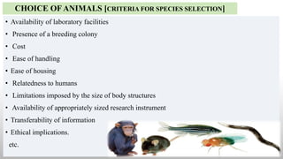 CHOICE OF ANIMALS [CRITERIA FOR SPECIES SELECTION]
• Availability of laboratory facilities
• Presence of a breeding colony
• Cost
• Ease of handling
• Ease of housing
• Relatedness to humans
• Limitations imposed by the size of body structures
• Availability of appropriately sized research instrument
• Transferability of information
• Ethical implications.
etc.
 