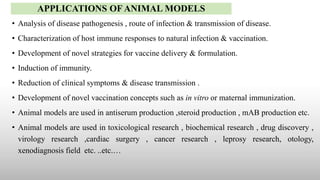 APPLICATIONS OF ANIMAL MODELS
• Analysis of disease pathogenesis , route of infection & transmission of disease.
• Characterization of host immune responses to natural infection & vaccination.
• Development of novel strategies for vaccine delivery & formulation.
• Induction of immunity.
• Reduction of clinical symptoms & disease transmission .
• Development of novel vaccination concepts such as in vitro or maternal immunization.
• Animal models are used in antiserum production ,steroid production , mAB production etc.
• Animal models are used in toxicological research , biochemical research , drug discovery ,
virology research ,cardiac surgery , cancer research , leprosy research, otology,
xenodiagnosis field etc. ..etc.…
 
