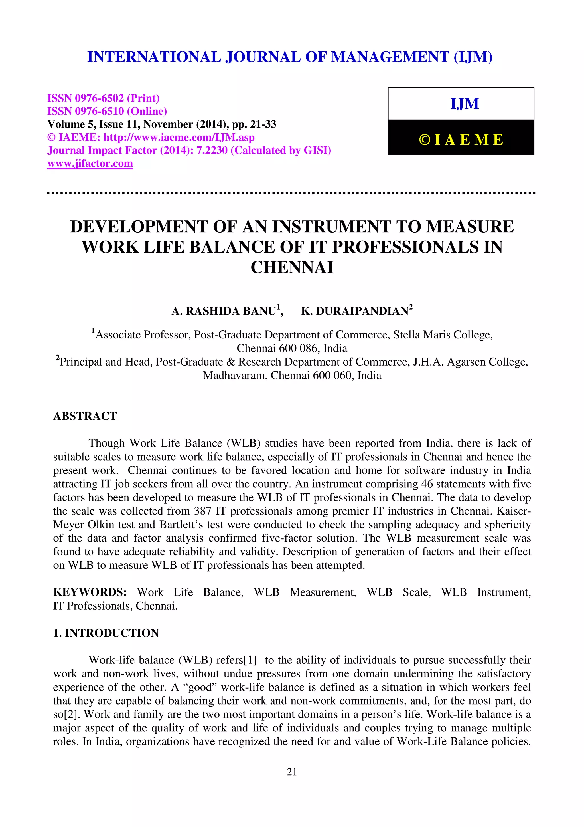 Development of an instrument to measure work life balance of it ...