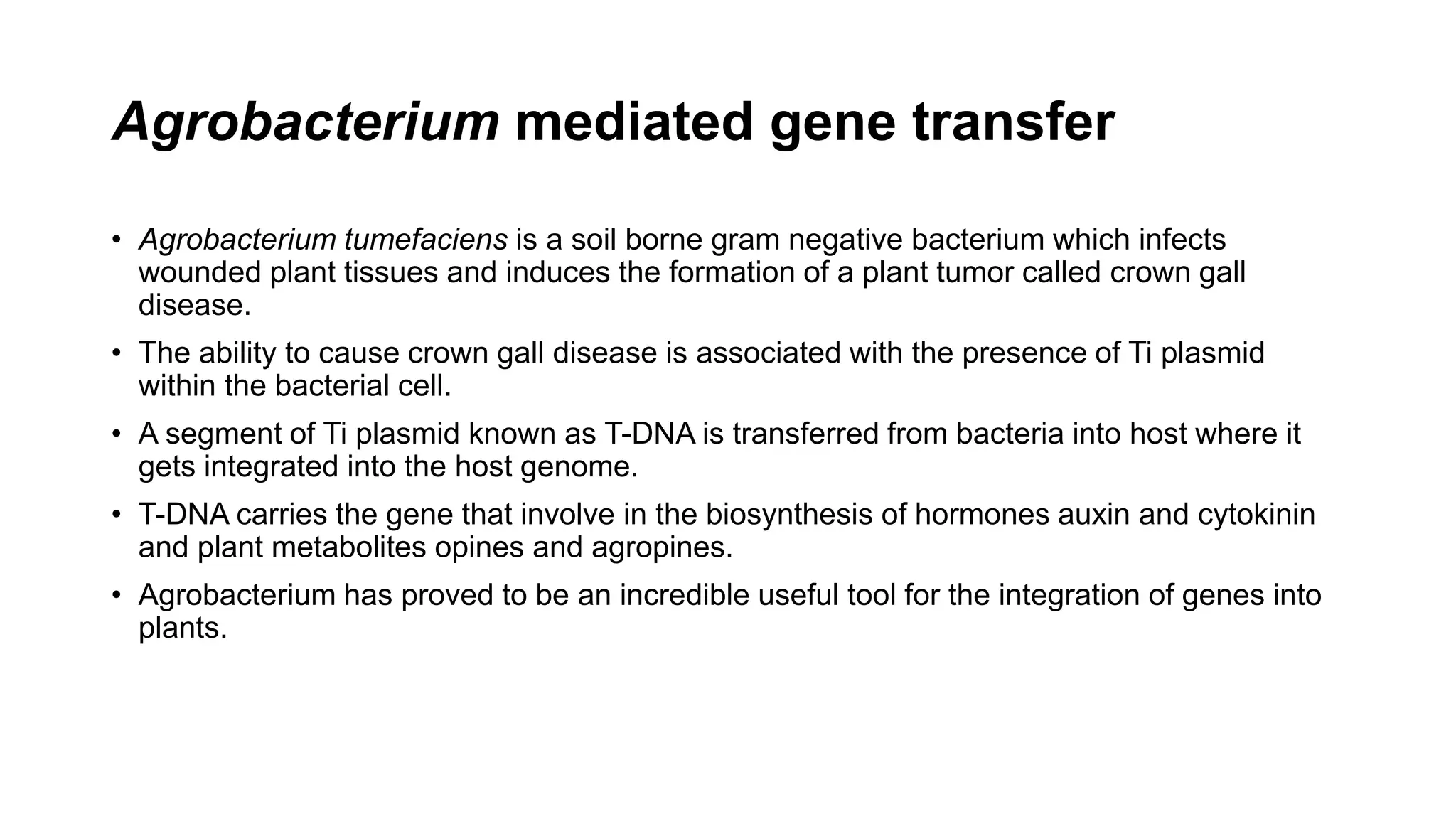 Agrobacterium mediated gene transfer
• Agrobacterium tumefaciens is a soil borne gram negative bacterium which infects
wounded plant tissues and induces the formation of a plant tumor called crown gall
disease.
• The ability to cause crown gall disease is associated with the presence of Ti plasmid
within the bacterial cell.
• A segment of Ti plasmid known as T-DNA is transferred from bacteria into host where it
gets integrated into the host genome.
• T-DNA carries the gene that involve in the biosynthesis of hormones auxin and cytokinin
and plant metabolites opines and agropines.
• Agrobacterium has proved to be an incredible useful tool for the integration of genes into
plants.
 