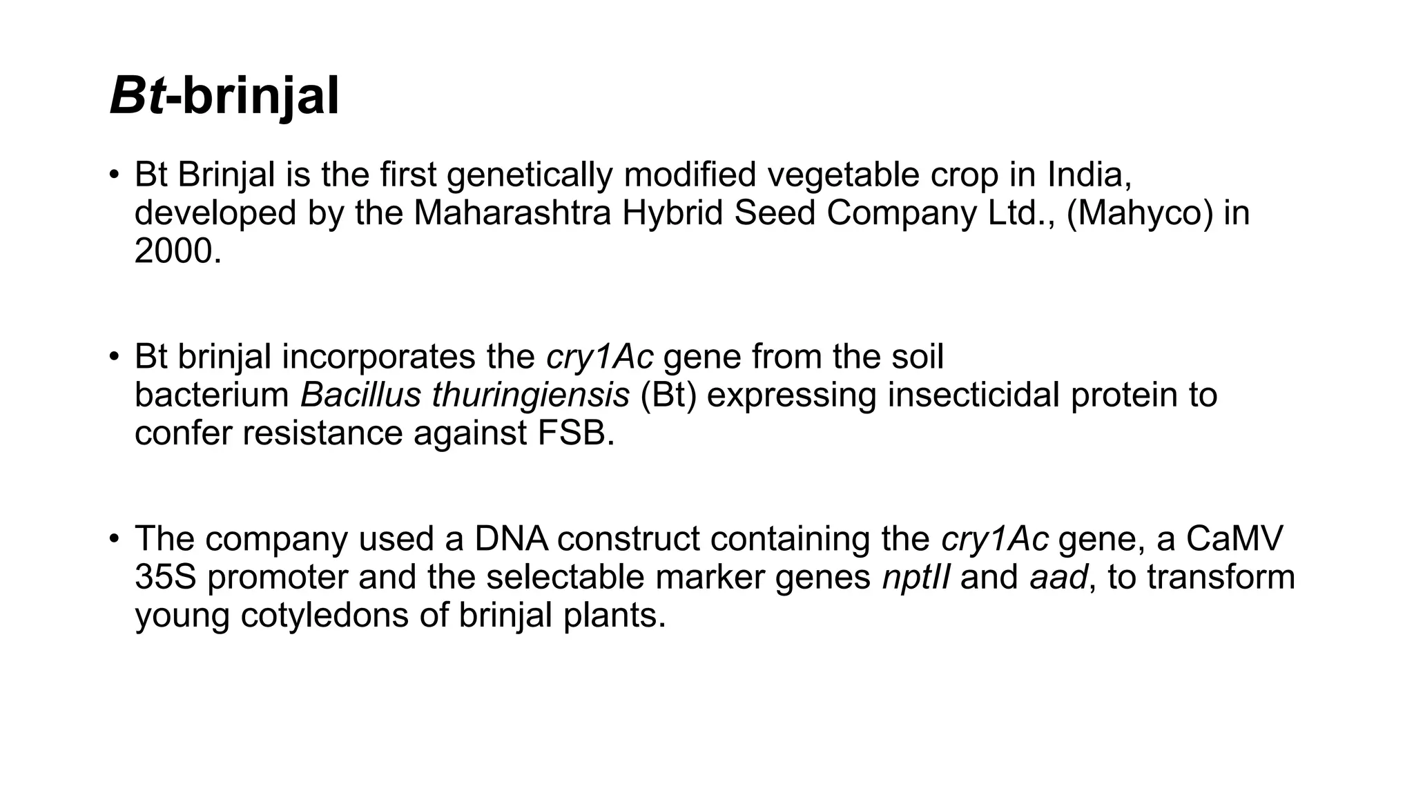 Bt-brinjal
• Bt Brinjal is the first genetically modified vegetable crop in India,
developed by the Maharashtra Hybrid Seed Company Ltd., (Mahyco) in
2000.
• Bt brinjal incorporates the cry1Ac gene from the soil
bacterium Bacillus thuringiensis (Bt) expressing insecticidal protein to
confer resistance against FSB.
• The company used a DNA construct containing the cry1Ac gene, a CaMV
35S promoter and the selectable marker genes nptII and aad, to transform
young cotyledons of brinjal plants.
 