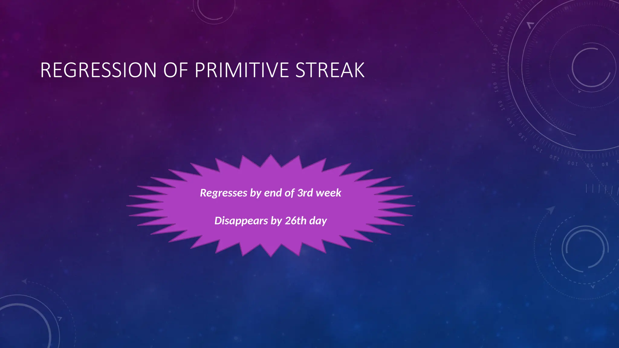 REGRESSION OF PRIMITIVE STREAK
Regresses by end of 3rd week
Disappears by 26th day
 