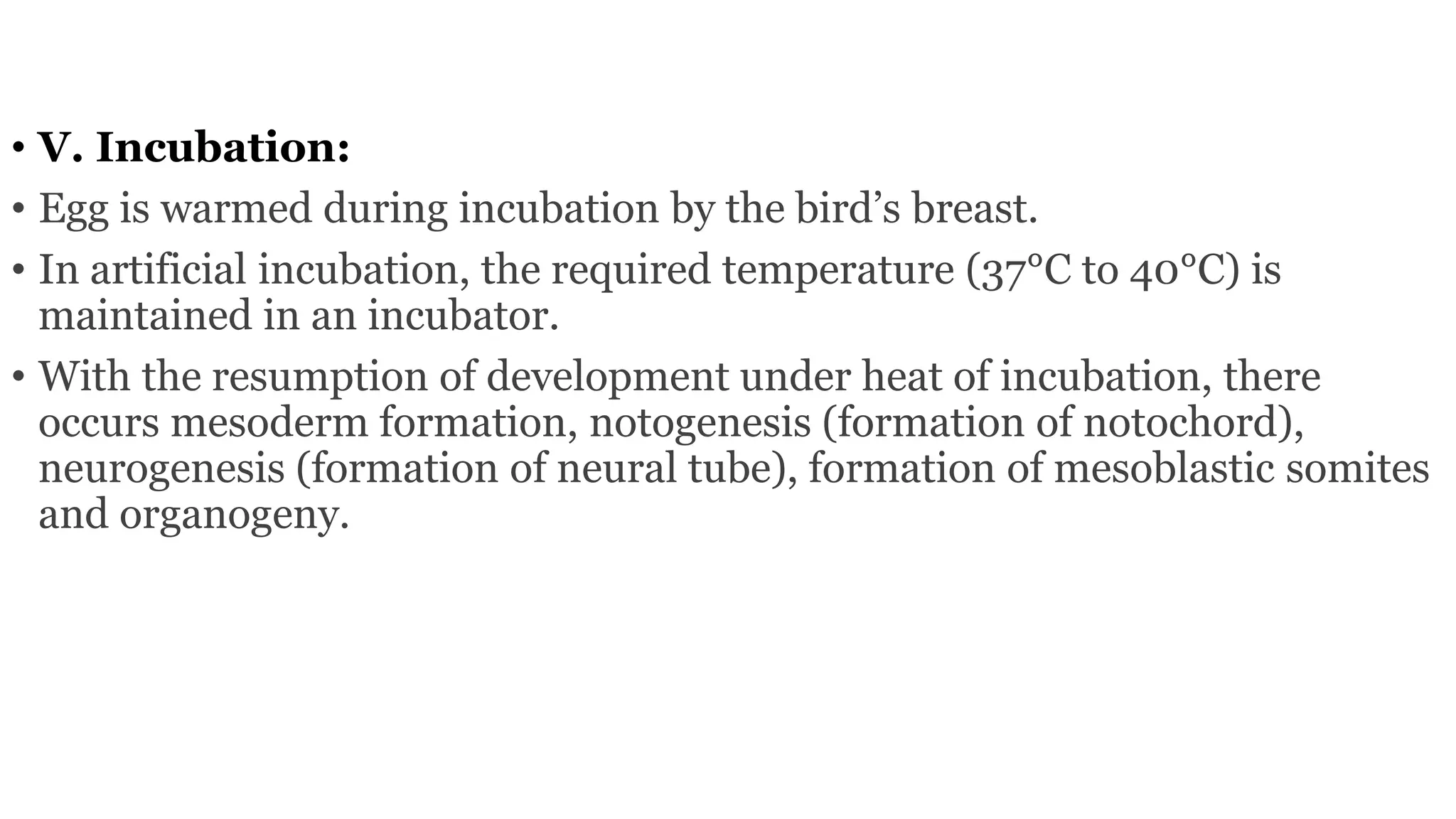 • V. Incubation:
• Egg is warmed during incubation by the bird’s breast.
• In artificial incubation, the required temperature (37°C to 40°C) is
maintained in an incubator.
• With the resumption of development under heat of incubation, there
occurs mesoderm formation, notogenesis (formation of notochord),
neurogenesis (formation of neural tube), formation of mesoblastic somites
and organogeny.
 