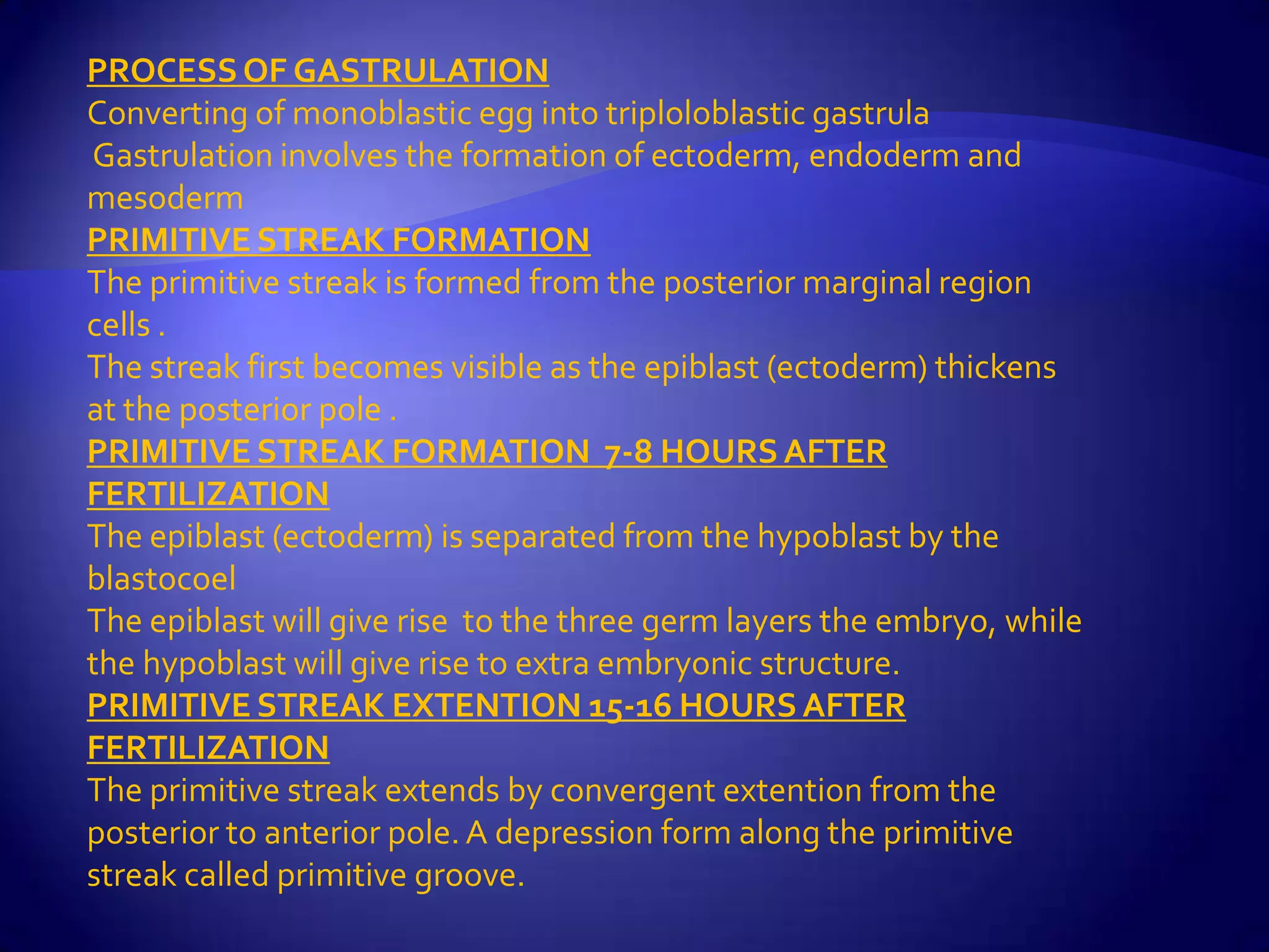PROCESS OF GASTRULATION
Converting of monoblastic egg into triploloblastic gastrula
Gastrulation involves the formation of ectoderm, endoderm and
mesoderm
PRIMITIVE STREAK FORMATION
The primitive streak is formed from the posterior marginal region
cells .
The streak first becomes visible as the epiblast (ectoderm) thickens
at the posterior pole .
PRIMITIVE STREAK FORMATION 7-8 HOURS AFTER
FERTILIZATION
The epiblast (ectoderm) is separated from the hypoblast by the
blastocoel
The epiblast will give rise to the three germ layers the embryo, while
the hypoblast will give rise to extra embryonic structure.
PRIMITIVE STREAK EXTENTION 15-16 HOURS AFTER
FERTILIZATION
The primitive streak extends by convergent extention from the
posterior to anterior pole. A depression form along the primitive
streak called primitive groove.
 