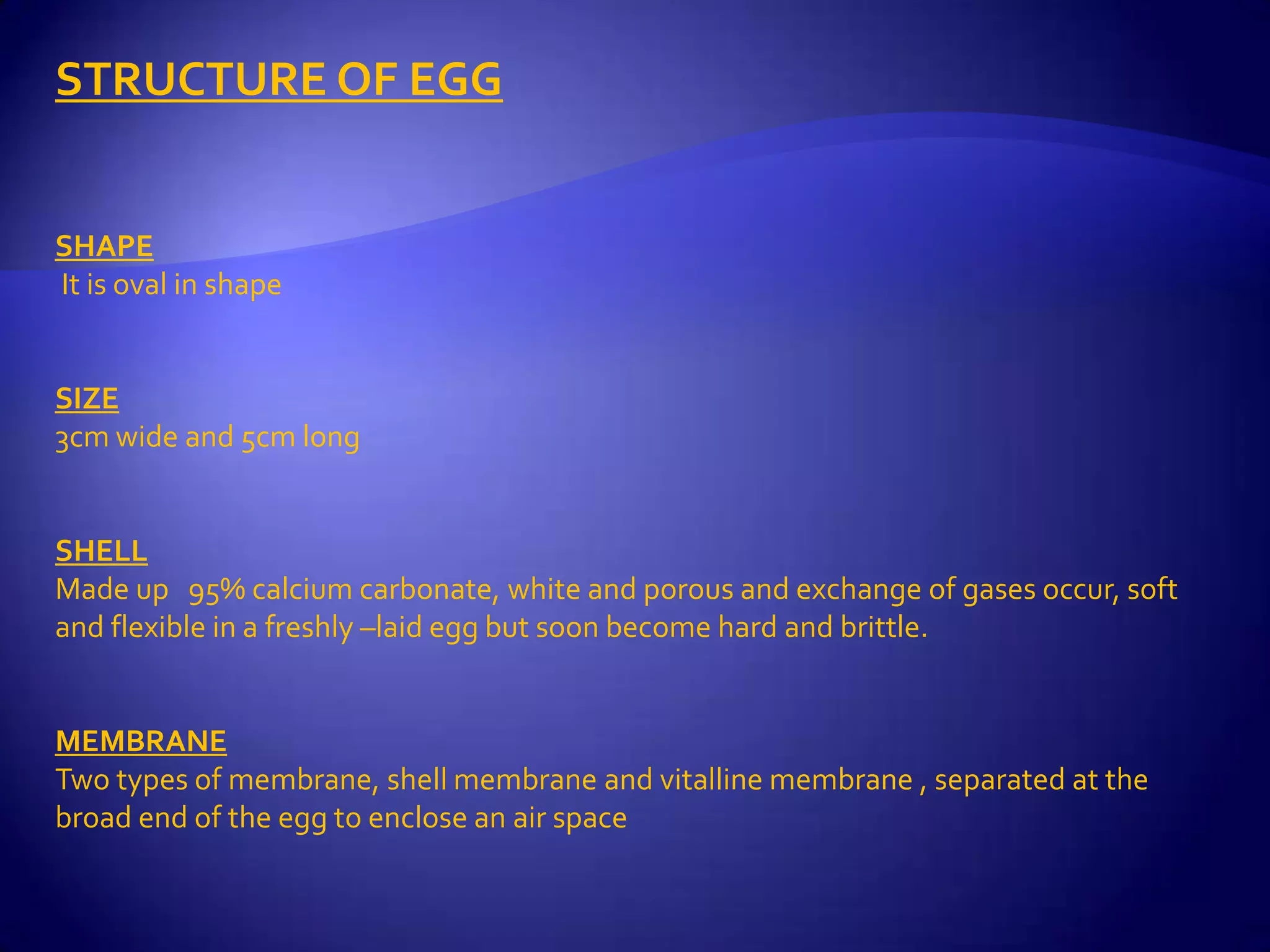 STRUCTURE OF EGG


SHAPE
It is oval in shape


SIZE
3cm wide and 5cm long


SHELL
Made up 95% calcium carbonate, white and porous and exchange of gases occur, soft
and flexible in a freshly –laid egg but soon become hard and brittle.


MEMBRANE
Two types of membrane, shell membrane and vitalline membrane , separated at the
broad end of the egg to enclose an air space
 