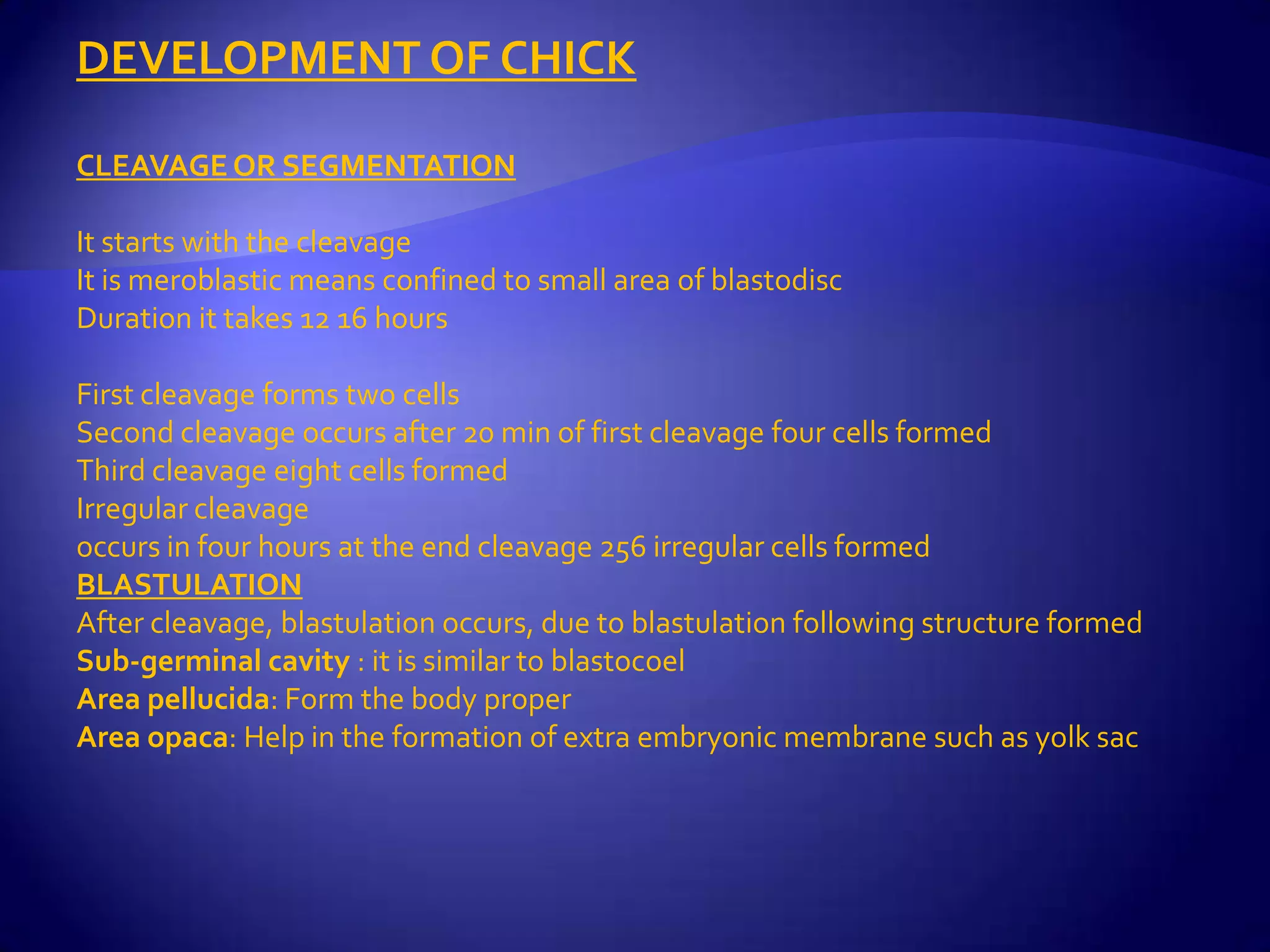 DEVELOPMENT OF CHICK

CLEAVAGE OR SEGMENTATION

It starts with the cleavage
It is meroblastic means confined to small area of blastodisc
Duration it takes 12 16 hours

First cleavage forms two cells
Second cleavage occurs after 20 min of first cleavage four cells formed
Third cleavage eight cells formed
Irregular cleavage
occurs in four hours at the end cleavage 256 irregular cells formed
BLASTULATION
After cleavage, blastulation occurs, due to blastulation following structure formed
Sub-germinal cavity : it is similar to blastocoel
Area pellucida: Form the body proper
Area opaca: Help in the formation of extra embryonic membrane such as yolk sac
 