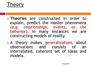 Theory
 Theories are constructed in order to
explain, predict the master phenomena
(e.g. relationships, events, or the
behavior). In many instances we are
constructing models of reality.
 A theory makes generalizations about
observations and consists of an
interrelated, coherent set of ideas and
models.
7/23/2020
7
 