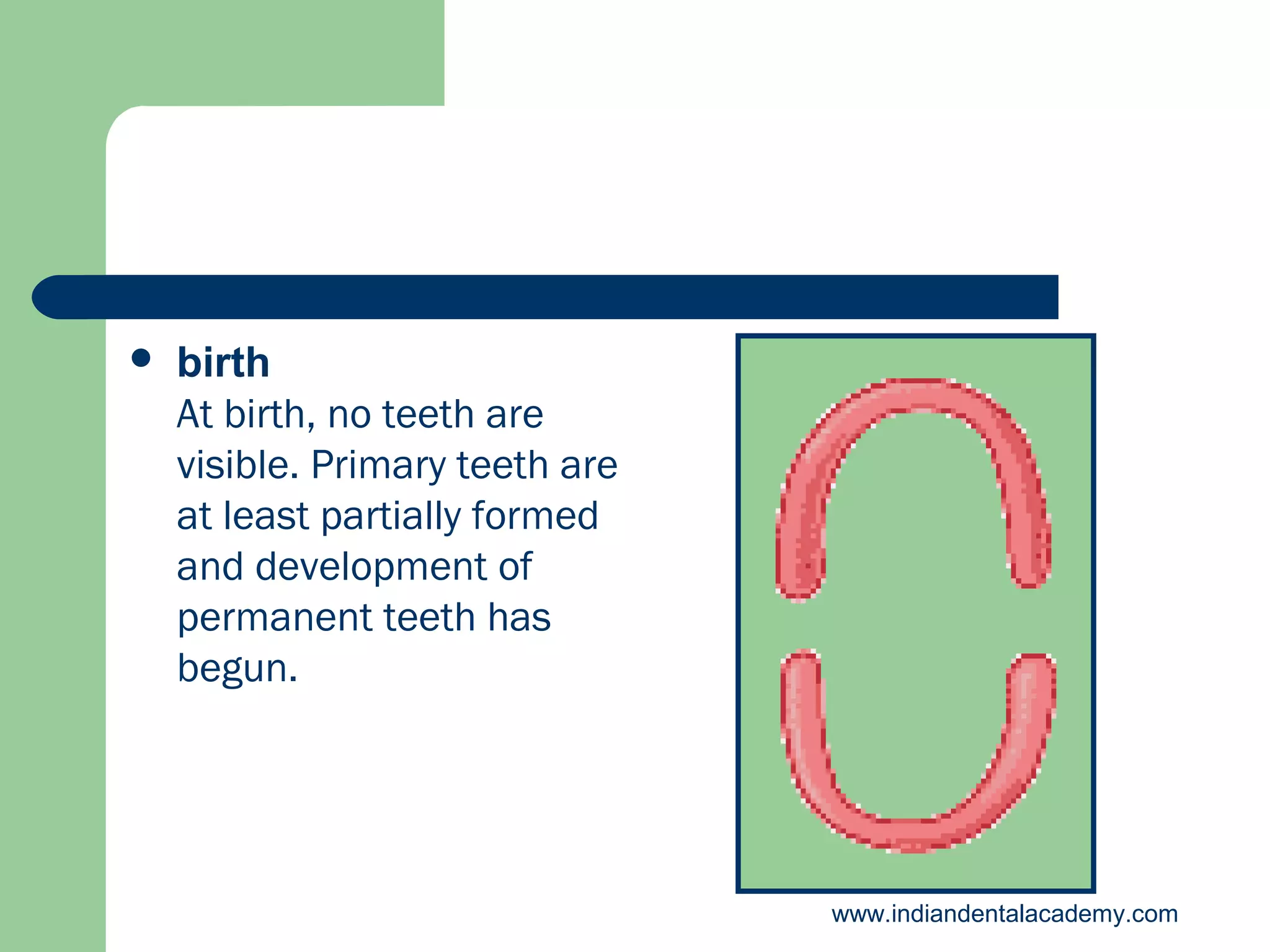 

birth
At birth, no teeth are
visible. Primary teeth are
at least partially formed
and development of
permanent teeth has
begun.

www.indiandentalacademy.com

 