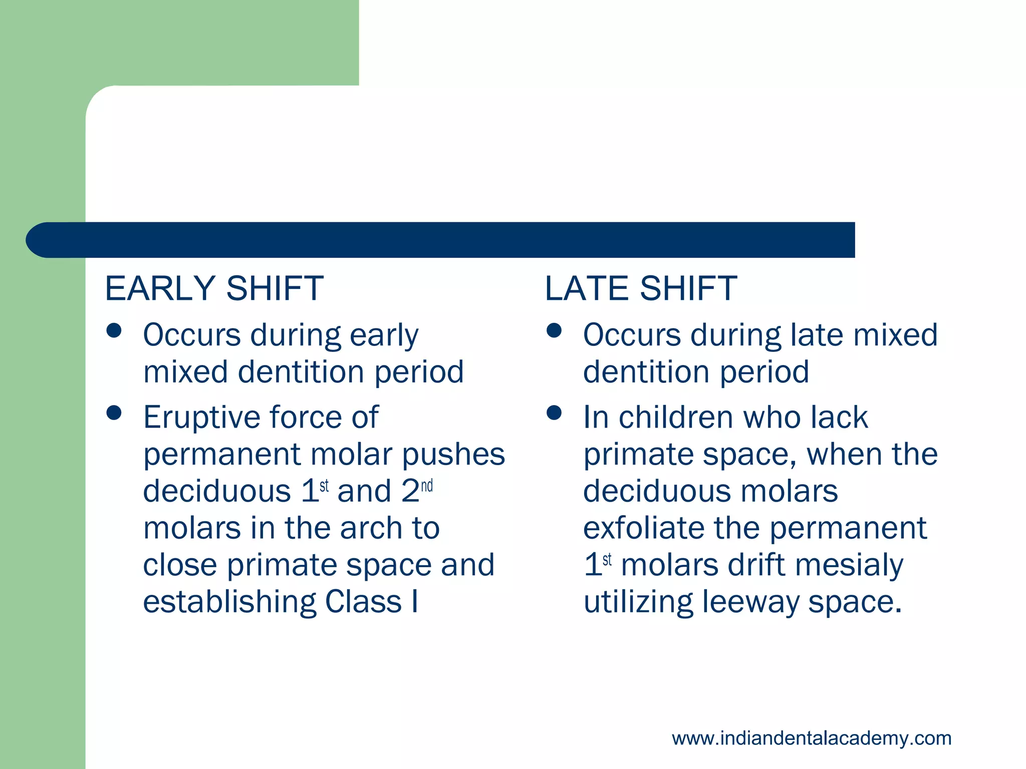 EARLY SHIFT
 Occurs during early
mixed dentition period
 Eruptive force of
permanent molar pushes
deciduous 1st and 2nd
molars in the arch to
close primate space and
establishing Class I

LATE SHIFT
 Occurs during late mixed
dentition period
 In children who lack
primate space, when the
deciduous molars
exfoliate the permanent
1st molars drift mesialy
utilizing leeway space.

www.indiandentalacademy.com

 