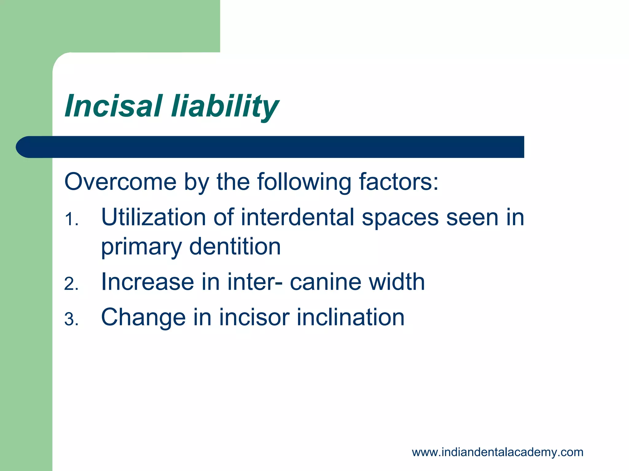Incisal liability
Overcome by the following factors:
1. Utilization of interdental spaces seen in
primary dentition
2. Increase in inter- canine width
3. Change in incisor inclination

www.indiandentalacademy.com

 
