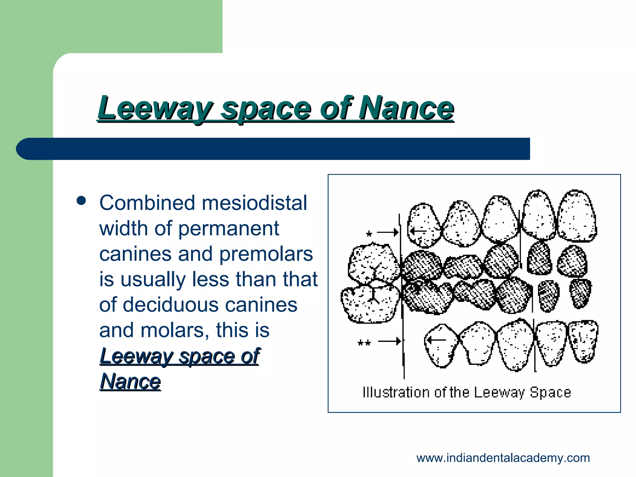 Leeway space of Nance


Combined mesiodistal
width of permanent
canines and premolars
is usually less than that
of deciduous canines
and molars, this is
Leeway space of
Nance

www.indiandentalacademy.com

 
