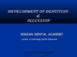 DEVELOPMENT OF DENTITION
           &
       OCCLUSION


     INDIAN DENTAL ACADEMY
     Leader in Continuing Dental Education




       www.indiandentalacademy.co
       m
 