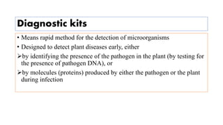 Diagnostic kits
• Means rapid method for the detection of microorganisms
• Designed to detect plant diseases early, either
by identifying the presence of the pathogen in the plant (by testing for
the presence of pathogen DNA), or
by molecules (proteins) produced by either the pathogen or the plant
during infection
 