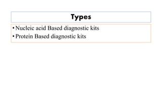Types
• Nucleic acid Based diagnostic kits
• Protein Based diagnostic kits
 