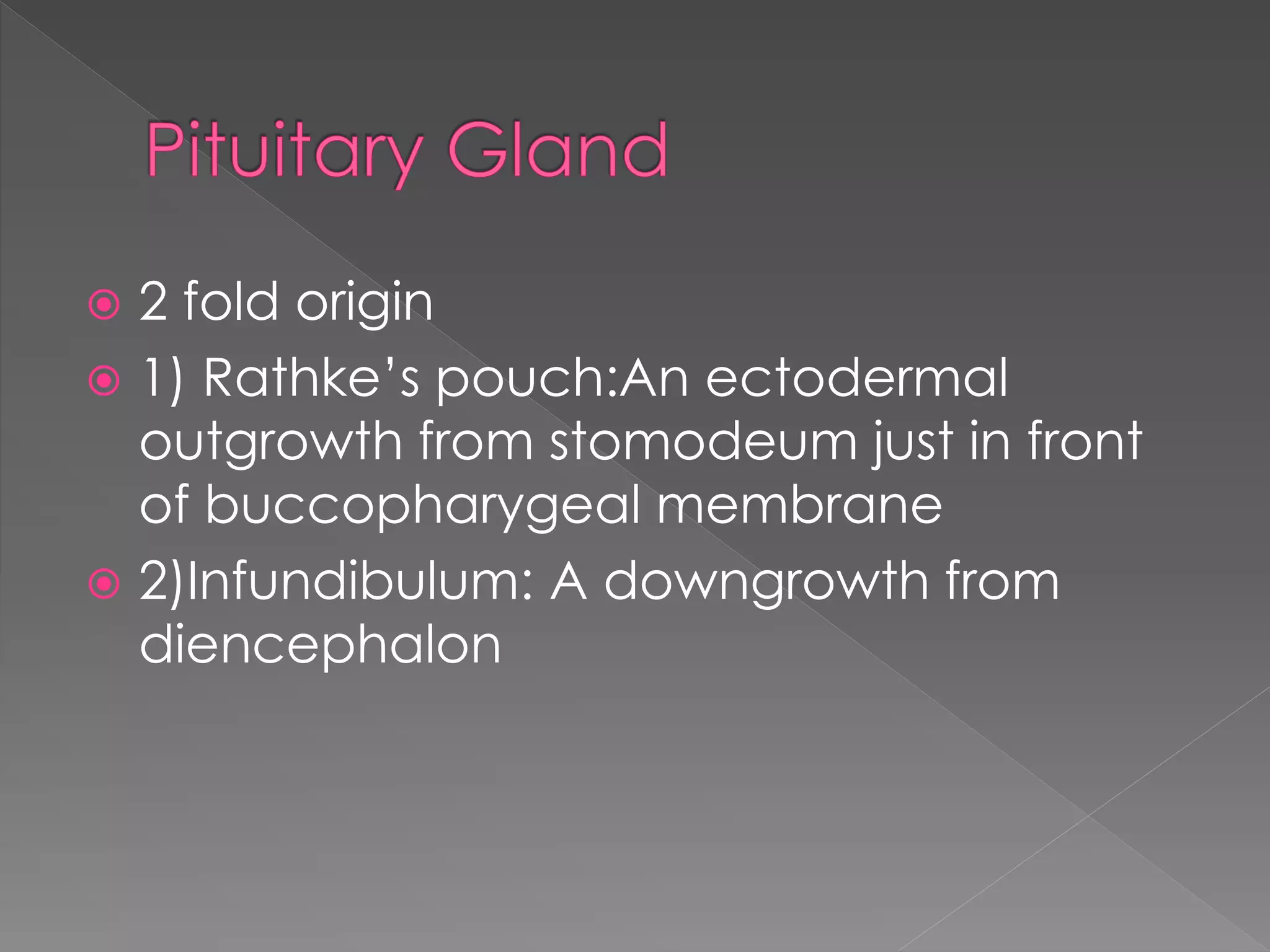  2 fold origin
 1) Rathke’s pouch:An ectodermal
outgrowth from stomodeum just in front
of buccopharygeal membrane
 2)Infundibulum: A downgrowth from
diencephalon
 