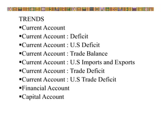 TRENDS
Current Account
Current Account : Deficit
Current Account : U.S Deficit
Current Account : Trade Balance
Current Account : U.S Imports and Exports
Current Account : Trade Deficit
Current Account : U.S Trade Deficit
Financial Account
Capital Account
 